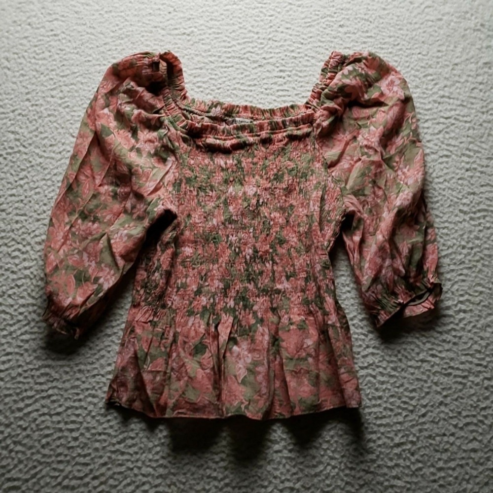 Nanette Lepore Blouse Womens S Pink Floral Off Shoulder 3/4 Puff Sleeve Top